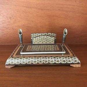 Persian Handmade Wooden Inlaid Khatam Kari Marquetry Enameled Pens and Card Hold